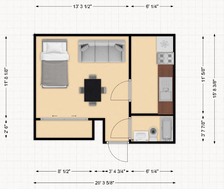 Floor plan for studio, 1 bath, 350 sqft